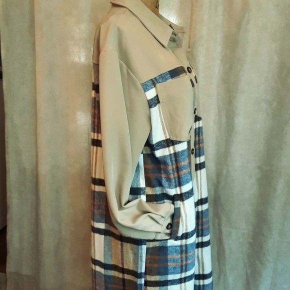 NWT Women's Long Khaki & Plaid Flannel Shacket Button Front Relaxed Fit M - Picture 6 of 13